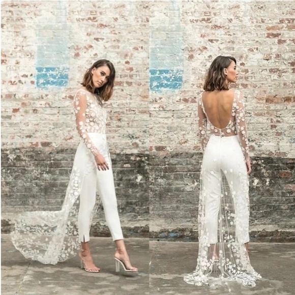 Pants - White Wedding jumpsuit with train